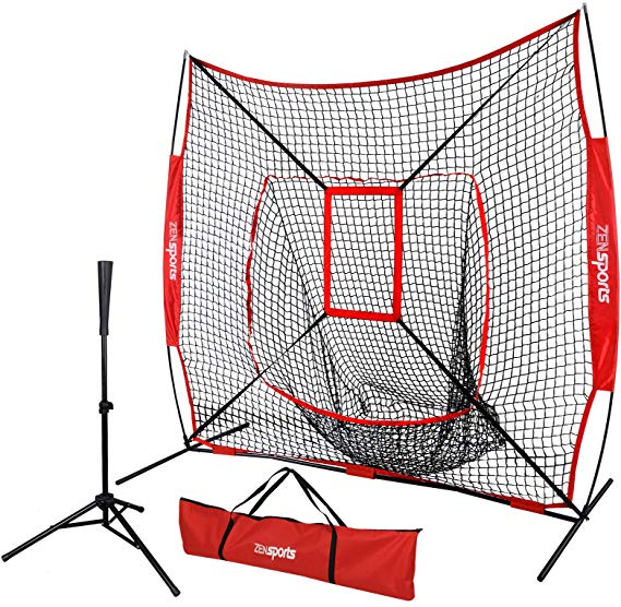 ZENsports 7' x 7' Baseball Softball Practice Hitting Pitching Net with Strike Zone Target and Bow Net Frame   Batting Tee,Carry Bag,Practice Equipment Batting Soft Toss Training Set