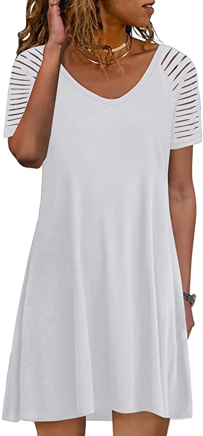 Actloe Women's Casual V Neck Short Sleeve Dress Striped Sheer Mesh Patchwork Midi Dresses