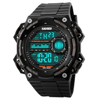 Men's Big Digital 50M Waterproof Electronic Unique Round Sport Watch Large Face Sillicone Band Heavy Duty Army Military 24H Time LED Back Light 164FT Water Resistant Calendar Date Day -Titanium Black