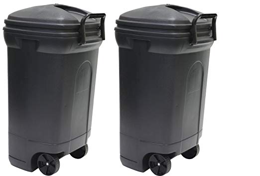 United Solutions TB0010 Rough and Rugged Rectangular 34 Gallon Wheeled Black Outdoor Trash Can with Hook&Lock Handle-Thirty Four Gallon Garbage Can with Locking Handles (2 Trash Can)