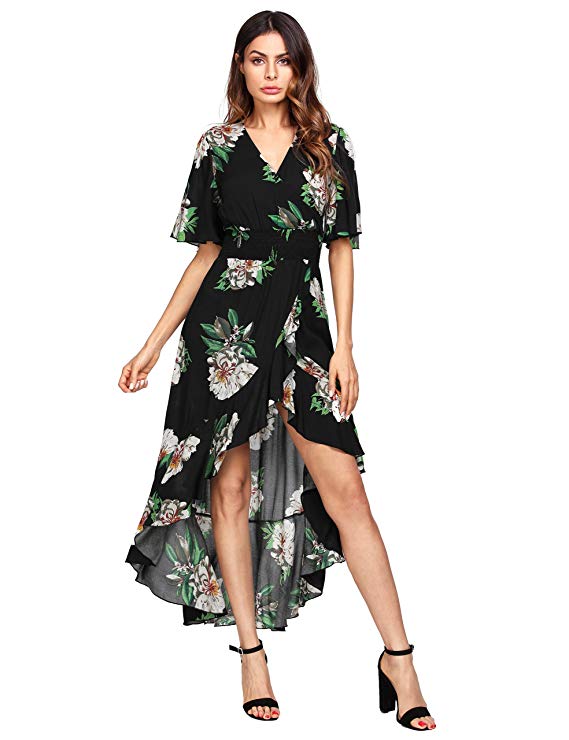 MAKEMECHIC Women's Short Sleeve Floral High Low V-Neck Long Maxi Dress