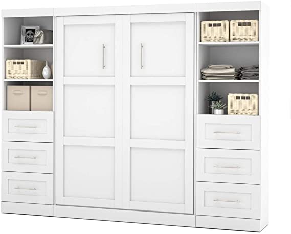 Bestar Pur Full Murphy Bed and 2 Storage Units with Drawers (109W) in White