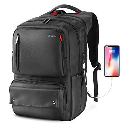 Travel Laptop Backpack bag with USB Charging Port, Apiker 17.3 inch Professional Business Backpack , Water Resistant Large School Rucksack , Fits 17.3 Inch Laptop and Notebook - Black