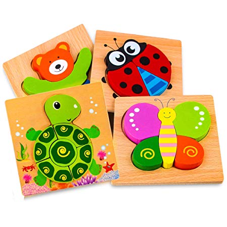 bopopo Wooden Jigsaw Puzzles for Toddlers with 4 Animals Patterns Shape&Color Recognition,Kids Educational Toys Gift with Bright Vibrant Color Shapes for 1 2 3 4 5 Years Old Boys&Girls