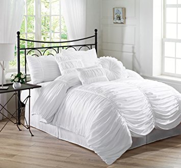 Chezmoi Collection 7-Piece Chic Ruched Duvet Cover Set, Full, White