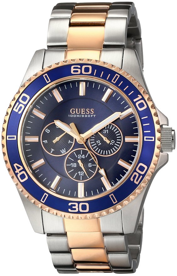 GUESS Men's U0172G3 Two-Tone Rose Gold-Tone Watch with Blue Mutli-Function Dial