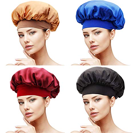 SATINIOR 4 Pieces Soft Satin Sleeping Cap Salon Bonnet Night Sleep Hat Hair Loss Cap (Solid Color Wide Band)