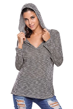 Tiksawon Womens Sexy Hooded V-Neck Long Sleeve Loose Knitted Top