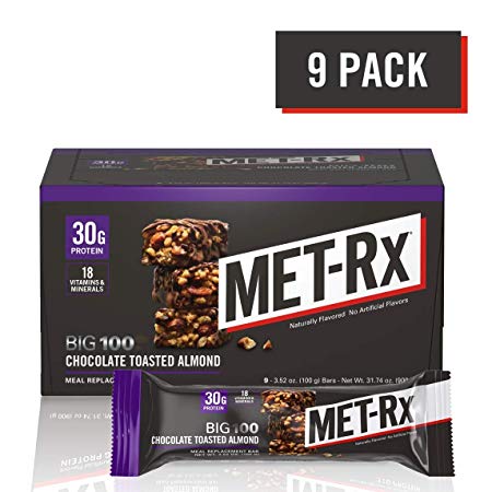 MET-Rx Big 100 Colossal Protein Bars, Great as Healthy Meal Replacement, Snack, and Help Support Energy, Gluten Free, Chocolate Toasted Almond, 100 g, 9 Count