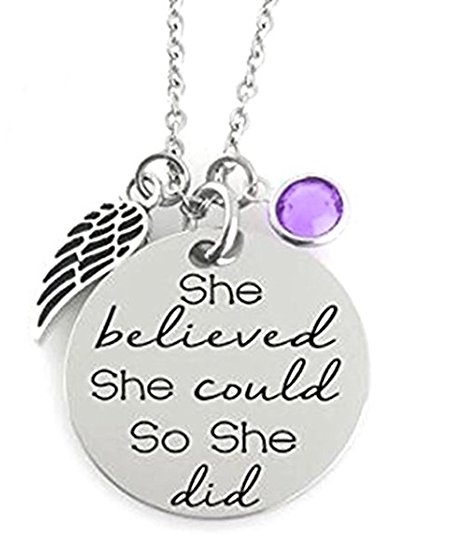 "SHE BELIEVED SHE COULD SO SHE DID" Inspirational Message Mantra Pendant Angel Bird Wing Charm Necklace