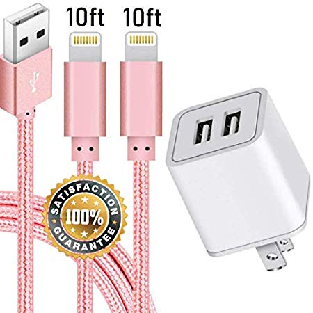 Boost Chargers 10W USB Power Adapter Wall Charger 2.4A 2-Port Fast Charge for Plug Outlet w/ 10FT 3M Nylon Braided Sync & Charger Cord Compatible for iPhone 8 / X / 7 / 6S / Plus   More (Pink) 3-Pack