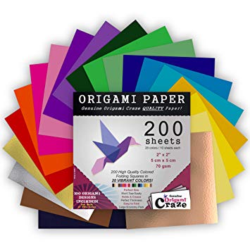 Mini Origami Paper 200 Sheets, 2-inches Square, 20 Vivid Colors, Same Color on Both Sides, Premium Quality for Arts and Crafts, 100 Design E-Book Included (See Back of The Cover for Download info)