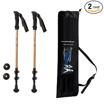 York Nordic Bamboo & Carbon Fiber Trekking Poles - 2 Pack - 6.8 oz Ultralight & Collapsible - Flip-Lock, Comfort Grips, & Tungsten Tips