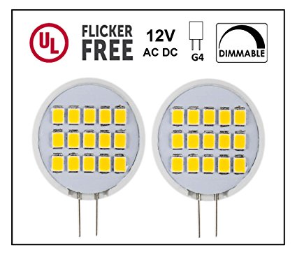 CBConcept UL-Listed, Side-Pin G4 LED Light Bulb, 2-Pack, 1.8 Watt, Dimmable,220 Lumen, Warm White 3000K, 180° Beam Angle, 12 Volt, 20W Equivalent, G4 Bi Pin Base Halogen Replacement Bulb
