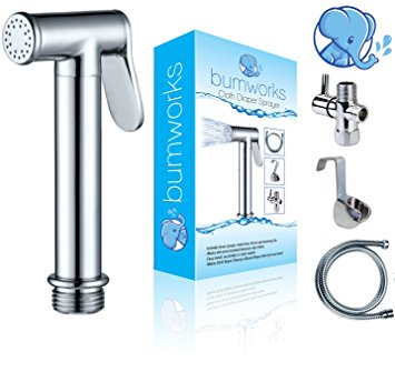 Bumworks Cloth Diaper Toilet Sprayer Kit - Brass Chrome Hand Held Bidet w/Metal Hose, T-Valve (7/8 inch), and Mounting Clip Attachment Adapter (3 Way T-Valve)