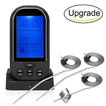 Digital Meat Thermometer, Morgofun Wireless Remote Digital Cooking Food Meat Thermometer for Smoker Oven Kitchen BBQ Grill Thermometer Instant Read with Timer Alert, 3 Stainless Steel Probes - UPGRADE