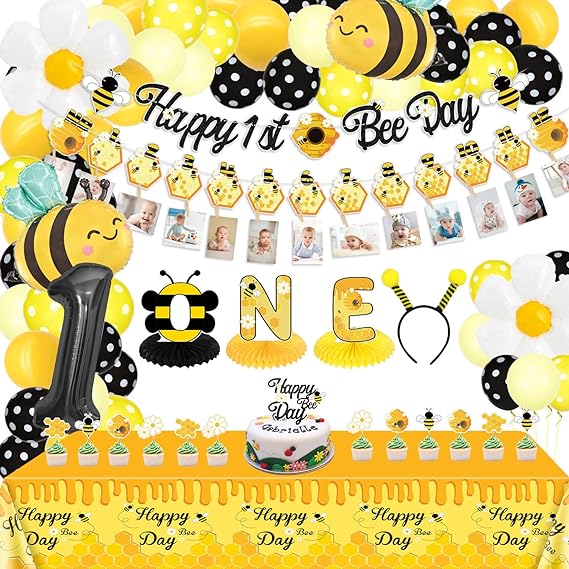 Bee First Birthday Decorations - Include Bee Theme Banner, Balloons, Tablecloth, Bumble Bee Cupcake Toppers, ONE Table Centerpieces, Bee Headband for Boys Kids First Bee Themed Party Supplies