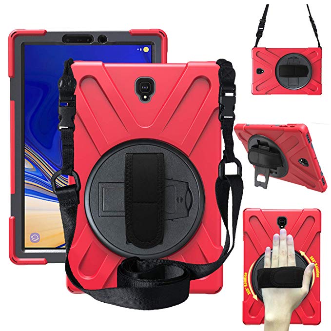 Kids Case for Samsung Galaxy Tab S4 10.5 Case 2018 SM-T830/T835/T837 with Hand Strap, [360 Degree Rotating Kickstand/Hand Strap  Shoulder Strap], Heavy Duty Drop Protection Case (red)