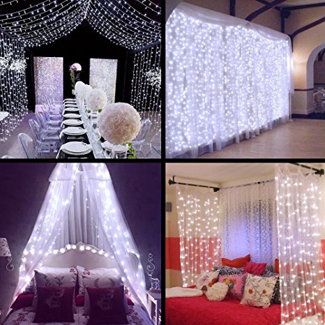 Ollny Led Curtain Window Icicle Decorative Lights Fairy String Lights for Wedding Christmas Party Backdrops Home Outdoor Decorations 9.8ft x 9.8ft 300 LEDs 8 modes Cool White