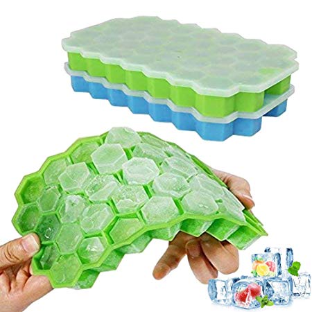 Ouddy Ice Cube Trays, 2 Pack Silicone Ice Cube Molds with Removable Lid, 74 Cubes Stackable Flexible Ice Tray for Whiskey Storage, Cocktail, Beverages