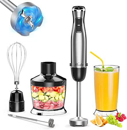 MOOKA Immersion Blender, 1000W 5-in-1 Multi-Purpose Hand Blenders, 12-Speed Handheld Stick Blender, 600ml Beaker, 500ml Chopper, Egg Whisk, Milk Frother, Black