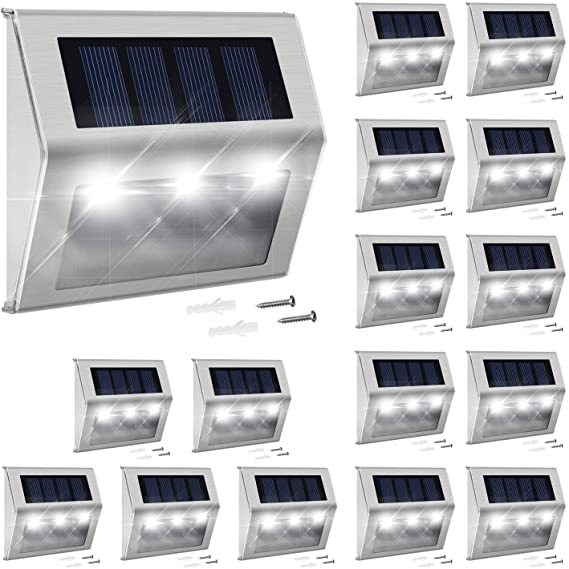 Solar Step Lights with Larger Battery Capacity JACKYLED 16-Pack Stainless Steel Bright 3 LED Solar Powered Deck Lights Weatherproof Outdoor Lighting for Steps Stairs Decks Fences Paths Patio Pathway