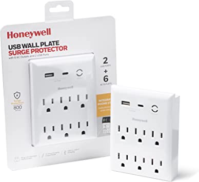Honeywell USB Wall Plate Surge Protector with Six AC Outlets, USB-A and USB-C Charging Ports, Surge Protection, 800 Joules, 3.1 AMP Charging Output Power