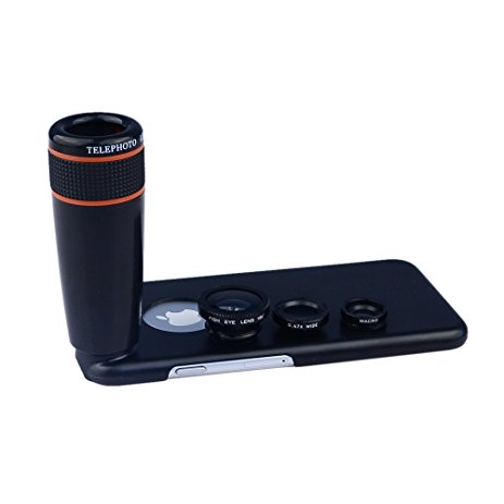 Apexel 4 in 1 Wide Angle Macro Lens   Fisheye Lens  12x ABS Telephoto Lens with Back Case Cover for iPhone 6 Black