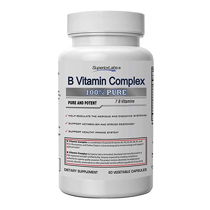 Superior Labs B Vitamin Complex - Superior Absorption - 100% NonGMO Safe from Additives, Stearates, Gluten and Other Allergens - Regulate Digestive System and Support Metabolism - 60 Vegetable Caps