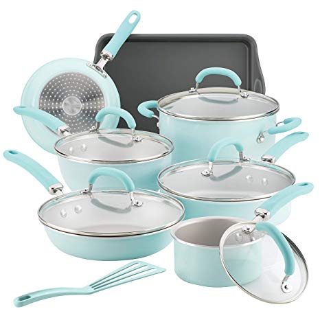 Rachael Ray 12146 13-Piece Aluminum Cookware Set, Light Blue Shimmer