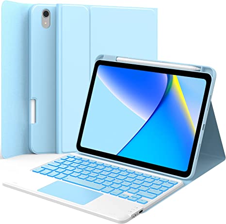 GreenLaw iPad 10th Generation Case with Keyboard, 7-Color Backlight, Skin/semiSi-tech Cover, Smart Touchpad, Dual-Device Connection Keyboard for iPad 10th Gen. 10.9" 2022, Light Sky Blue