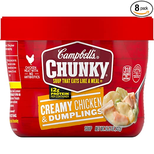 Campbell's Chunky Creamy Chicken & Dumplings Soup Microwavable Bowl, 15.25 oz. (Pack of 8)