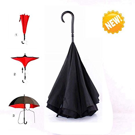 Umbrella, Travel Umbrella Strong Waterproof/Uv protection, Sunny or rainy amphibious, J shape handle Double Layer Inverted Umbrella