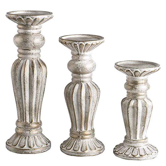 JIXIN Antique Wash Finish Pillar Candle Holders Set of 3, Ideal for LED and Pillar Candles, Gifts for Home, Living Room, Dinning Room, Party,Kitchen,Spa, Wedding and Anniversary