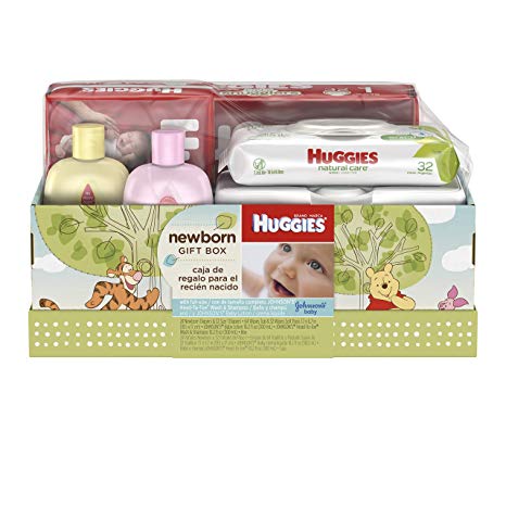 Huggies Newborn Gift Box - Little Snugglers Diapers (Size Newborn 24 Ct & Size 1 32 Ct), Natural Care Unscented Baby Wipes (96 Ct Total), and Johnson's Shampoo & Baby Lotion (Packaging May Vary)