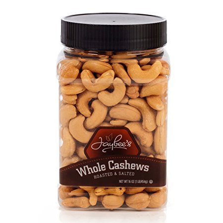Jaybee's Extra Large Whole Cashews (16 oz) - Roasted And Salted - Great for Gift Giving or As Everyday Snack - Reusable Container - Certified Kosher