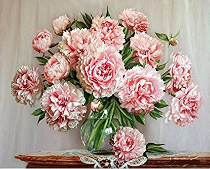New Diy Oil Painting, Paint by Number Kit Pink Peony Drawing with Brushes Paint, 16 X 20 inches Frameless (Pink-01)