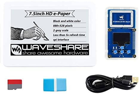 Waveshare 7.5inch NFC-Powered HD e-Paper Eval Kit Bundle with e-Paper ST25R3911B NFC Board Micro SD Card 16GB Card Reader USB-A to Micro-B Cable (5items)