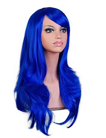 28" 70cm Long Hair Heat Resistant Curly Cosplay Wig with Wig Cap (Dark Blue)