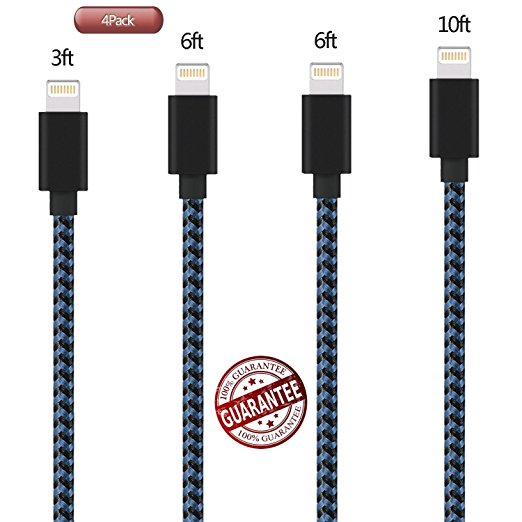 Zcen Lightning Cable, 4 Pack 3Ft 6Ft 6Ft 10Ft - Nylon Braided Cord iPhone Cable to USB Charging Charger for iPhone 7, Plus, 6, 6S, SE, 5S, 5, 5C, iPad, iPod - BlackBlue
