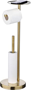 Toilet Paper Holder Stand Free Standing Toilet Paper Holder with Phone Shelf and Reserve, Gold Brushed