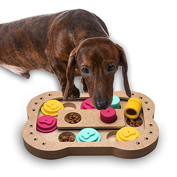Andiker Shuffle Bone Puzzle Toy, Intelligence Training Feeder Dispenser, Pet Puzzle Treat Toy, Bone-Shaped Plate,Wooden,Dog Treat Seeker, Interactive