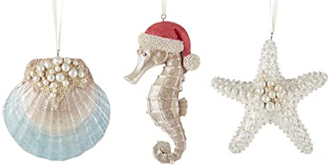 Delton Beach Coastal Christmas Tree Ornaments, Set of 3 Starfish, Clam Shell, Seahorse