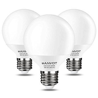3 Pack 9W G25 E26 LED Bulbs,ANVOT 60W Incandescent Bulb Equivalent 810lm Daylight White 5000K 270° Degree Beam Angle Globe Vanity Bulbs Non-Dimmable