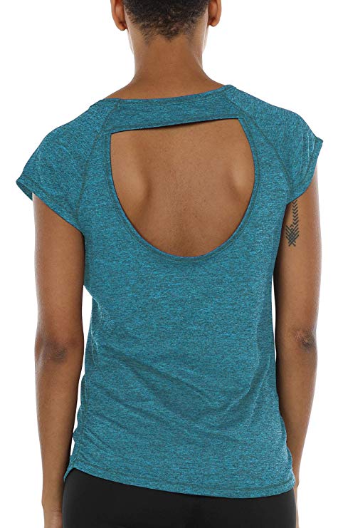 icyzone Workout Running Shirts for Women - Fitness Gym Yoga Exercise Short Sleeve T Shirts Open Back Tops