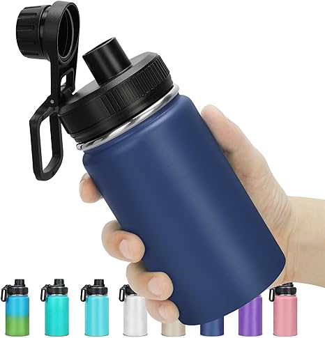 12 oz Insulated Water Bottle, Double Wall Vacuum Insulated Stainless Steel Water Bottles - Wide Mouth Leakproof BPA Free Water Bottle with Chug Lid, 18 Hours Cold and 8 Hours Hot(Dark Blue)