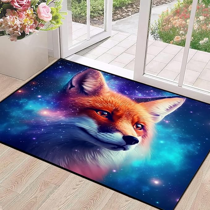 Galaxy Fox Rug 3D Cute Foxes Area Rugs for Bedroom Living Room Playroom Boys Kids Cartoon Colorful Carpet Glitter Stars Throw Rugs Floor Mat 47 in X 31 in