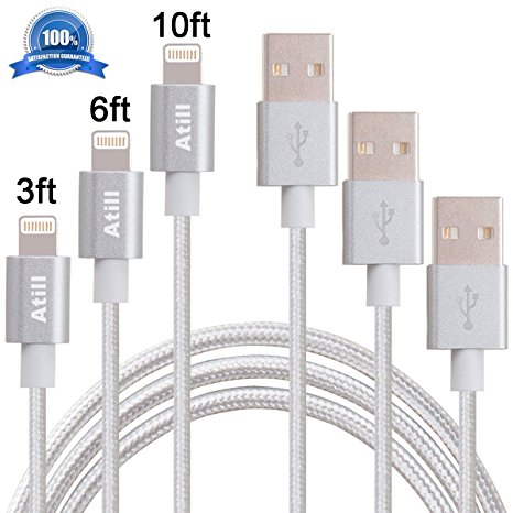 Atill 3Pack 3FT 6FT 10FT Lightning Cable Extra Long Nylon Braided Lightning to USB Charging Cord Charger for iPhone 7,7 plus,6s,6, 6plus,6s plus, iPhone 5s 5 5c SE, iPad & iPod -Silver