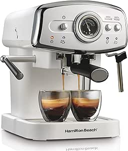 Hamilton Beach Slide & Lock Espresso Machine With Milk Frother Steam Wand For Cappuccino & Latte, 15 Bar Pump and Two Spouts, Removable Reservoir, Compact, Retro Design, White (40731)