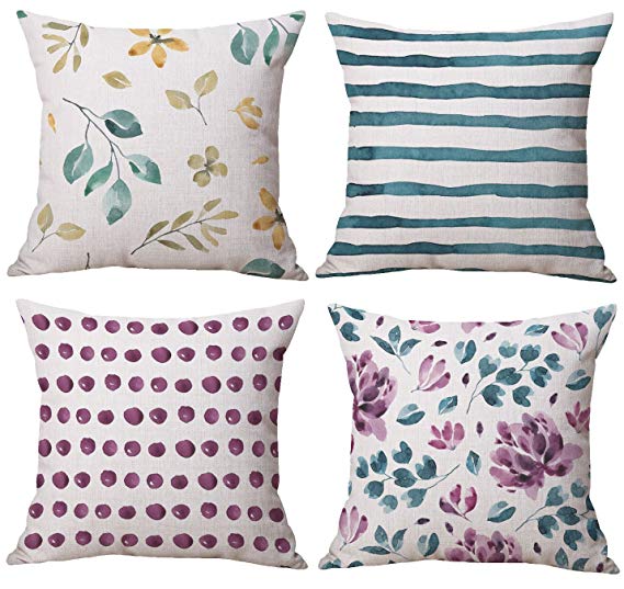 BLUETTEK Watercolor Floral Leaves Pillow Case Cover Set of 4 18 x 18 Inches Square Stripe Dot Couch Cushion Covers